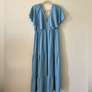 Simple Sky Blue V-Neck Flutter Maxi Dress